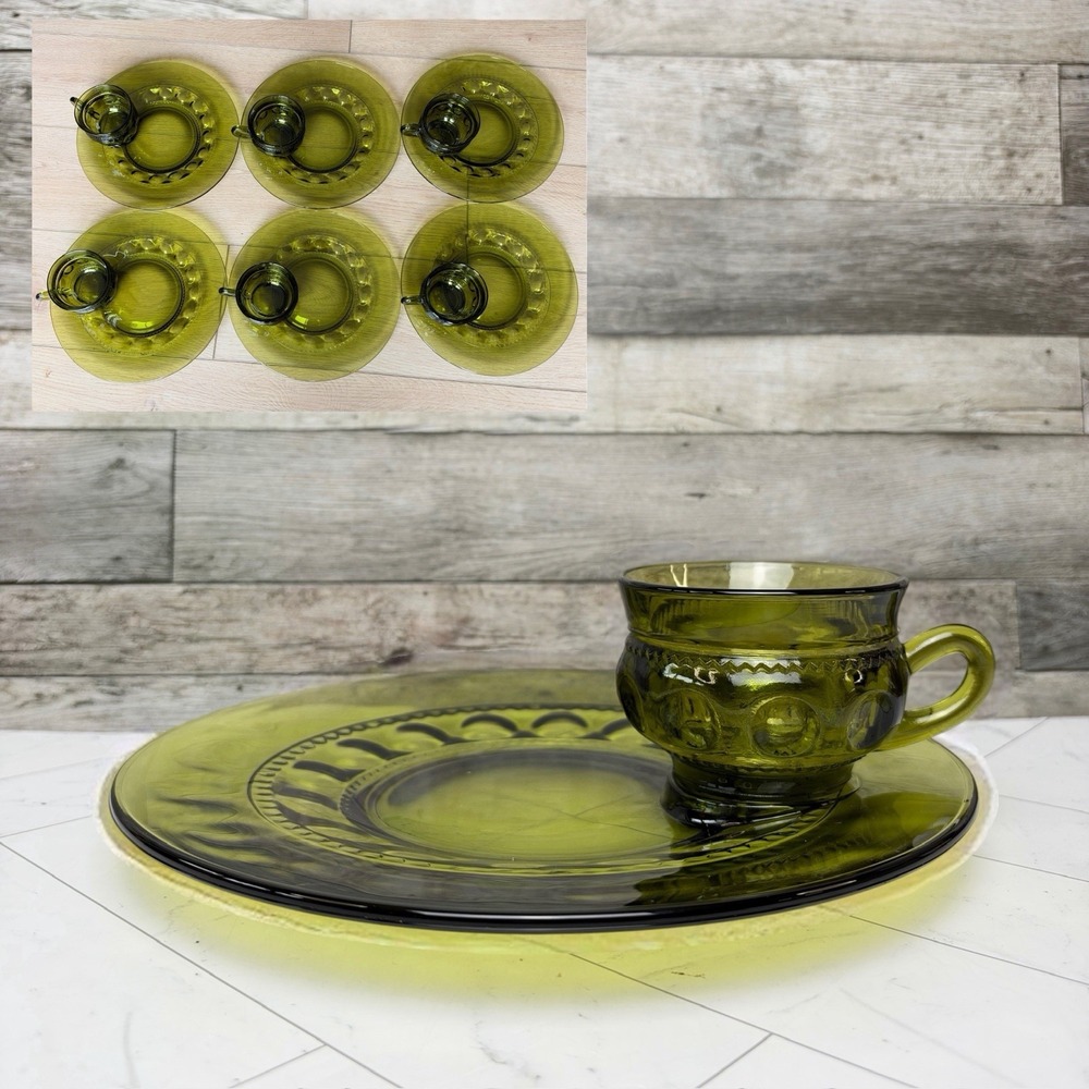 Indiana Glass Avocado Green Snack Plate & Cups Set of 6 - Kings Crown Thumbprint